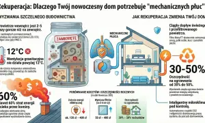 Ilustracja pokazuje system rekuperacji, który zapewnia świeże powietrze i oszczędność energii w domu.