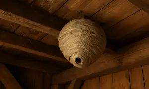Stort getingbo hänger från träbjälkar. Kanske dags att ta bort getingbo med vatten?