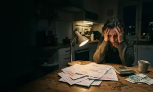 Zestresowana osoba z rękami na głowie przy biurku z dokumentami, kalkulatorem i pieniędzmi.