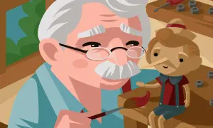 Gepetto pinta a Pinocho, su creación de madera, en su taller. Un cuento corto de ilusión.