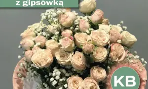 Delikatny bukiet róż w odcieniach kremu i brzoskwini, ozdobiony gipsówką. Idealny jako kwiaty na ślub w prezencie, symbolizujący miłość i czystość.