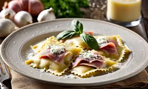 Assiette de ravioli maison garnis de jambon et de fromage, décorés de basilic frais.