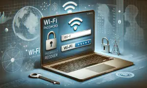 Laptop z ekranem pokazującym "WI-FI PASSWORD RECOVER", klucz i kłódka symbolizują, jak odzyskać hasło do routera wifi.