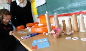 Lehrmaterialien für Sexualkunde in der Grundschule: Modelle von Geschlechtsorganen, Kondome und ein Ratgeber.
