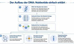 Der Aufbau der DNA: schematische Darstellung der DNA-Doppelhelix, Nukleotid-Ketten, Nukleotide und deren Bestandteile (Zucker, Phosphat, organische Base).