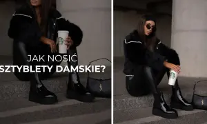 Stylowe sztyblety do sukienki – czarna, lakierowana elegancja z futrzaną kurtką i torebką.
