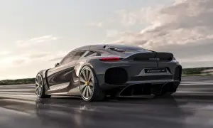 Szary Koenigsegg Gemera z tyłu, z widocznym napisem "Gemera". Jego cena jest astronomiczna, ale wygląd zapiera dech w piersiach.