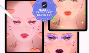 Face charty do Procreate z makijażem inspirowanym NYX. Różowe, zielone i fioletowe cienie do powiek, błyszczące usta.