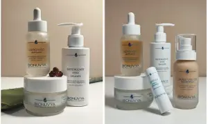 Kit beauty routine Bionuvya: siero anti-age, detergente viso delicato, crema viso BB protettiva e altri prodotti per una pelle radiosa.