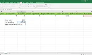 Foglio di calcolo Excel per calcolare lo stipendio netto. La colonna H mostra le imposte statali, con un valore di 0, ma la formula indica un calcolo basato su C5*H2, suggerendo un potenziale RAL 80000 netto da definire.