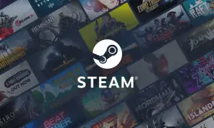 Logo Steam na tle okładek gier komputerowych.