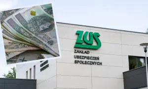Stos banknotów 100 zł i budynek ZUS. Czy to symbol najwyższej emerytury w Polsce?