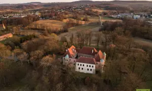 Zamek w Dębnie otoczony drzewami, w tle pagórkowaty krajobraz o zachodzie słońca.