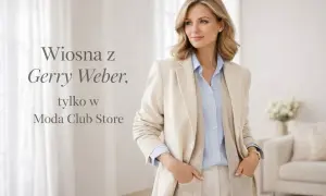 Elegancka kobieta w jasnej marynarce i błękitnej koszuli, prezentująca wiosenną kolekcję Gerry Weber bluzki.