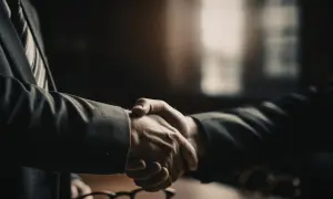 Dwaj mężczyźni w garniturach ściskają sobie dłonie, symbolizując zawarcie umowy inwestycyjnej.