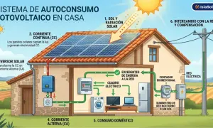 Diagrama de un sistema de autoconsumo fotovoltaico en una casa. El sol alimenta paneles solares, que generan electricidad CC. Un inversor la transforma en CA para el consumo doméstico, con intercambio a la red.