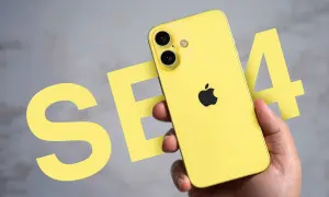 Żółty iPhone SE 4 w dłoni, obok wielkich liter "SE" i cyfry "4".