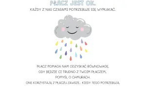 Uśmiechnięta chmurka z tęczowym deszczem przypomina, że płacz jest zdrowy i pomaga odzyskać równowagę.
