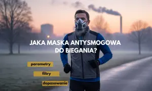 Mężczyzna w masce antysmogowej do biegania, podczas porannego treningu w zadymionym otoczeniu.
