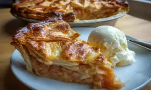 En bit gyllene, gammaldags rabarberpaj med en kula vaniljglass. Pajen har ett flagnande, krispigt skal och en fyllning av rabarber.