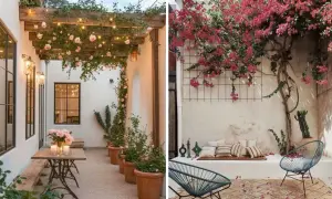 Dos patios interiores con encanto: uno con pérgola de rosas y luces, otro con buganvillas vibrantes y asientos acogedores.
