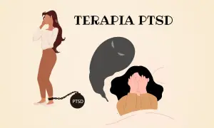 Kobieta z łańcuchem PTSD na nodze i druga w łóżku, zakrywająca twarz przed cieniem. Terapia PTSD to droga do wolności.