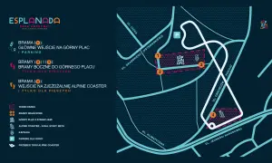 Mapa Esplanady w Szklarskiej Porębie. Wskazuje wejścia, parking, górny plac z atrakcjami i tor Alpine Coaster.