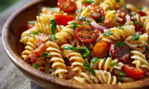 En härlig italiensk pastasallad med fusilli, körsbärstomater, rödlök och färska örter i en träskål. Perfekt för en sommarlunch!