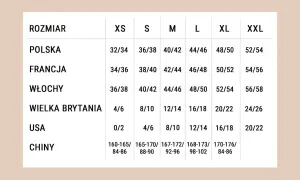Tabela rozmiarów: polskie 32/34, francuskie 34/36, włoskie 36/38, brytyjskie 4/6, USA 0/2, chińskie 160-165/84-86. Jaki to rozmiar?