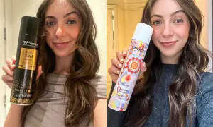 Kobieta prezentuje dwa produkty do włosów. Po lewej TRESemmé Ultra Fine Hairspray, po prawej Amika Fluxus. Oba zapewniają lekką trwałą unoszącą włosy.