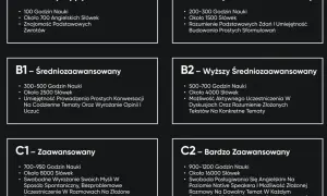 Poziomy angielskiego po maturze: A1 (początkujący), A2 (niższy średniozaawansowany), B1 (średniozaawansowany), B2 (wyższy średniozaawansowany), C1 (zaawansowany), C2 (bardzo zaawansowany).