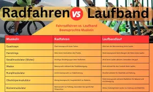 Vergleich: Radfahren vs. Laufband. Tabelle zeigt, was ist besser Laufband oder Fahrrad für welche Muskeln.
