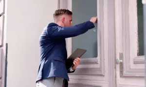 Mężczyzna w garniturze puka do drzwi, trzymając teczkę. Czy to komornik? Zastanawiasz się, ile może zabrać komornik?