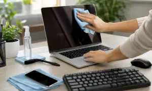 Dłonie czyszczą ekran laptopa niebieską ściereczką. Na biurku stoją płyn dezynfekujący, szczoteczka i telefon.