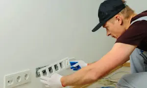 Elektryk montuje ramkę gniazdek. Sprawdź kucie bruzd pod rury cennik.