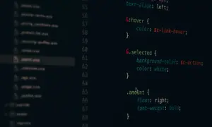 Kod CSS w edytorze, widać plik "search.scss" i reguły dla :hover, .selected i .amount.
