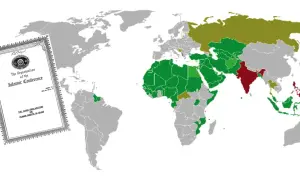 Världskarta visar länder med olika färger, med en text som nämner "The Cairo Declaration on Human Rights in Islam", vilket kan relateras till sharia lagar.