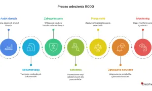 Schemat procesu wdrażania RODO: audyt, zabezpieczenia, prawa osób, dokumentacja, szkolenia, zgłaszanie naruszeń, monitoring. Kluczowa jest zasada rozliczalności RODO.