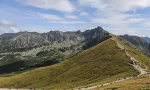 Widok na szlak turystyczny podczas zejścia z Kasprowego. W oddali skaliste szczyty Tatr, a na pierwszym planie zielone zbocza i kamienna ścieżka pełna wędrowców.