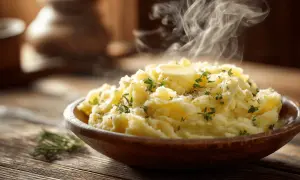 Un bol en bois débordant d'un délicieux écrasé de pomme de terre fumant, garni de beurre et d'herbes fraîches.