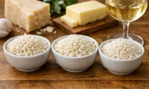 Trois bols de riz Arborio, parfaits pour une recette risotto crémeuse, avec du parmesan, du beurre, de l'ail et un verre de vin blanc.