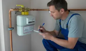 Ein Handwerker prüft den Gasanschluss und macht sich Notizen.