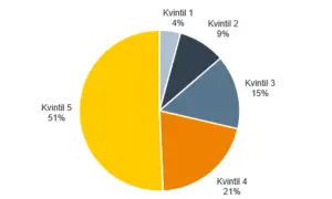 Cirkeldiagram som visar skattefördelning per kvintil. Kvintil 5 betalar 51%, Kvintil 4 21%, Kvintil 3 15%, Kvintil 2 9% och Kvintil 1 4%. Detta kan ge en indikation på vilket land betalar mest skatt.