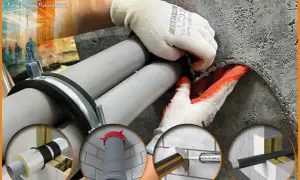 Ręce w rękawiczkach montują przepusty instalacyjne ppoż. wokół rur. Widoczne różne systemy ochrony przeciwpożarowej.