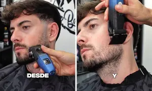 Un hombre se recorta la barba italiana con una máquina. El antes y el después de un corte de barba perfecto.