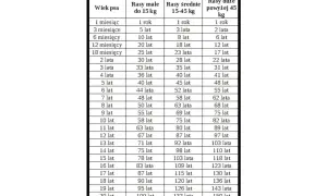 Tabela porównująca wiek psa w latach i miesiącach do wieku ludzkiego, zależnie od rasy. 16 lat psa to nawet 150 lat ludzkich dla dużych ras!
