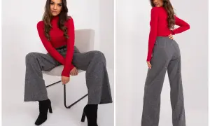 Eleganckie stylizacje z szerokimi, szarymi spodniami i czerwoną bluzką.