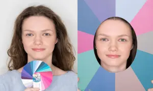 Analiza kolorystyczna: kolor niebieski znaczenie dla urody. Kobieta z kołem barw i w otoczeniu pastelowych odcieni.