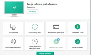 Interfejs Kaspersky Total Security. Twoja ochrona jest włączona. Dostępne opcje: Skanowanie, Aktualizacja baz, Bezpieczne pieniądze, Menedżer haseł, Ochrona prywatności, Kopia zapasowa, Ochrona dla dzieci. To dobry antywirus.