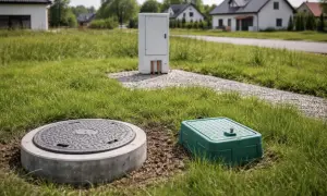 Na trawniku przed domami widać właz do studzienki i zieloną skrzynkę, a w tle białą szafkę z przewodami, które mogą prowadzić do gazociągu.
